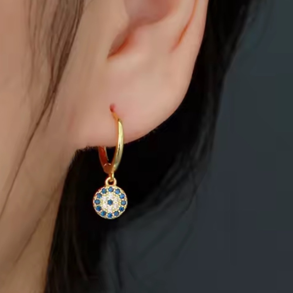 925 sterling Silver Evil Eye Dazzling Blue and Gold Crystal Earrings - Picture 6 of 8